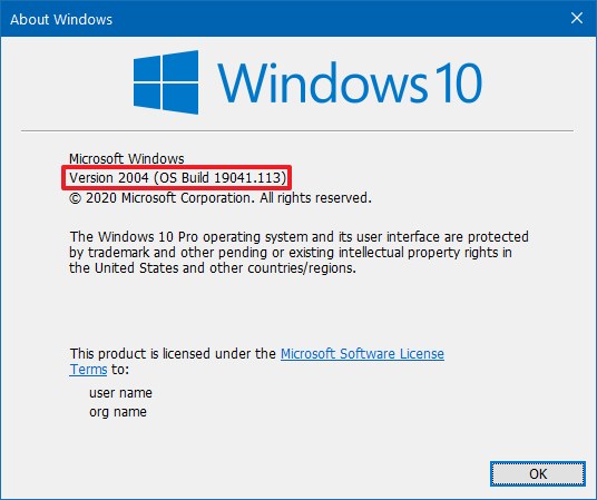 La commande Winver confirme Windows 10 version 2004