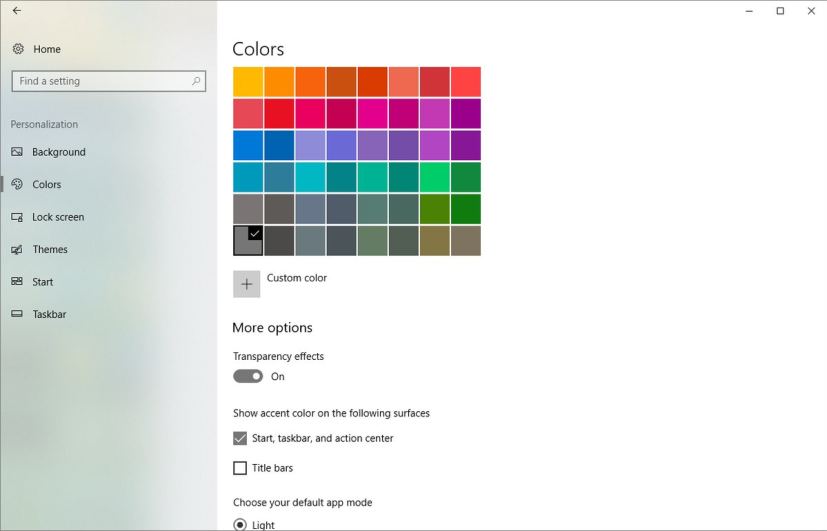 Application de paramètres avec élément acrylique Fluent Design