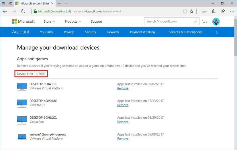 Compte Microsoft affichant la limite d'appareils du Windows Store