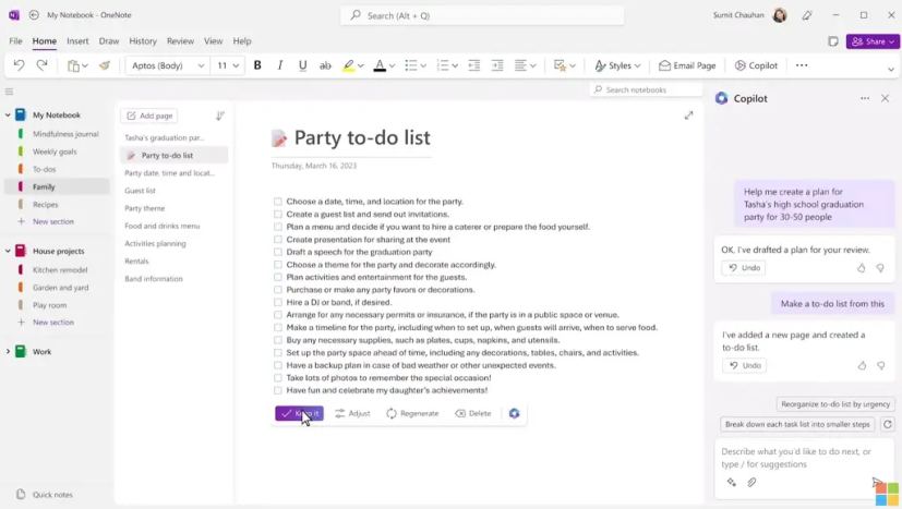 Barre latérale OneNote Copilot