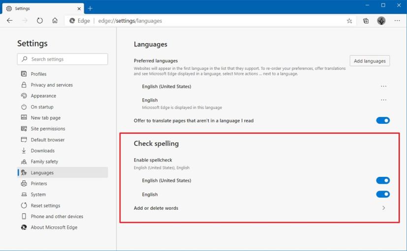 Vérification orthographique de Microsoft Edge Windows 