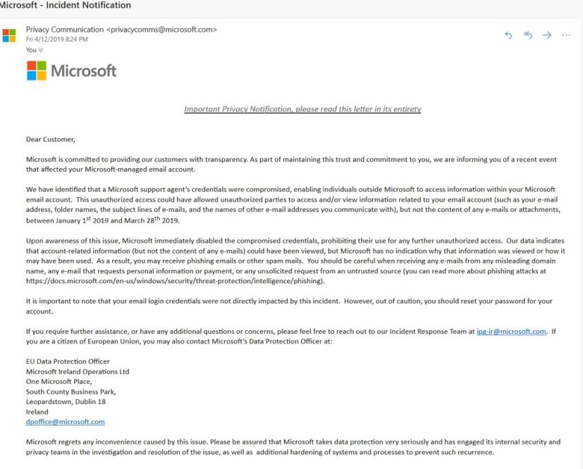 Déclaration de violation de Microsoft Outlook, source Reddit (@Keats852)