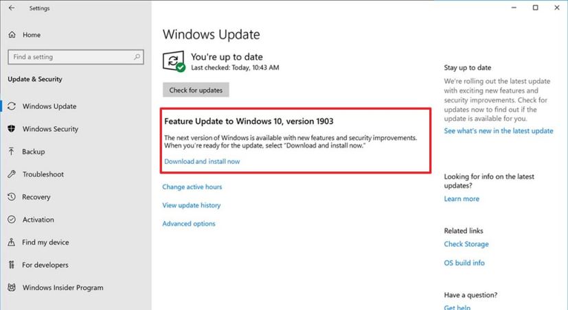 Option d'installation de Windows 10 version 1903 dans les paramètres de Windows Update