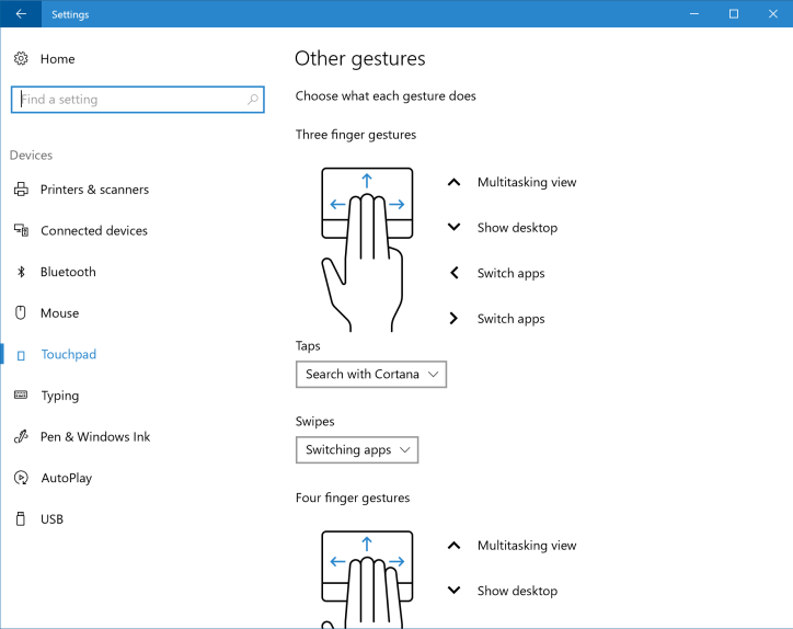 Paramètres du pavé tactile de Windows 10 build 14946