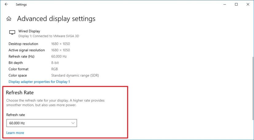 Paramètres du taux de rafraîchissement de Windows 10 20H2