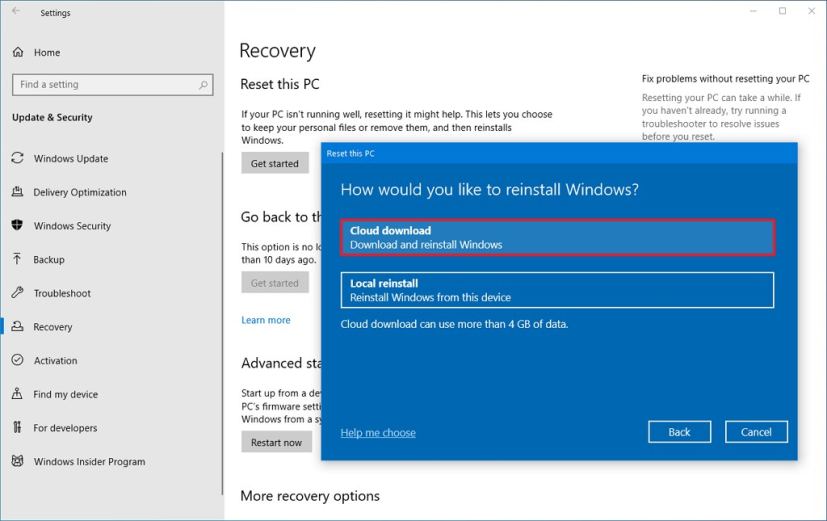 Réinitialiser ce PC avec l'option de téléchargement Cloud sous Windows 10 2004