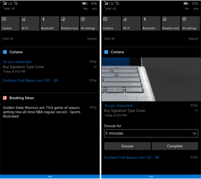 Nouvelles notifications du Centre d’action pour Windows 10 Mobile build 14322