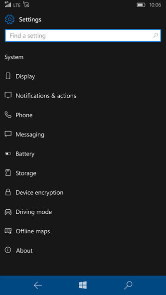 Sections de l'application Paramètres avec icônes pour Windows 10 Mobile build 14322