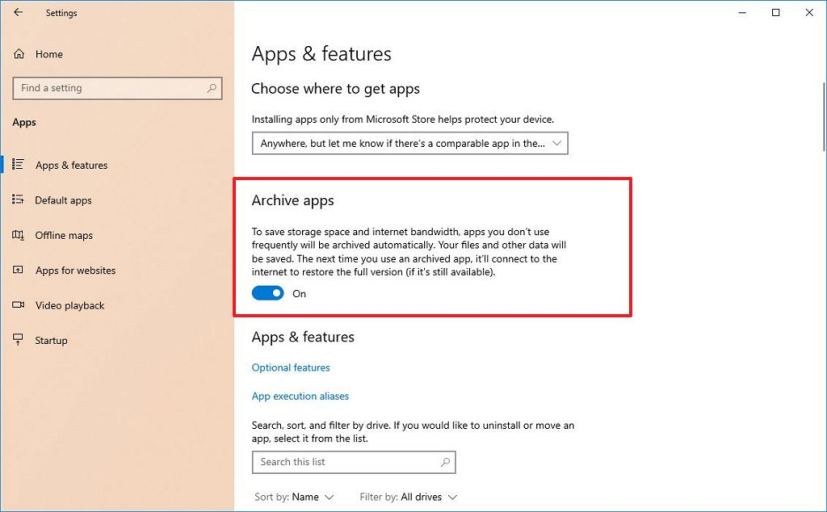 Archiver les applications sur Windows 10 build 20201