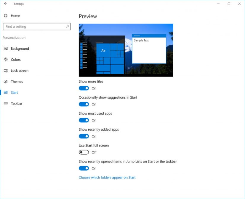 Application Paramètres sur Windows 10 build 14361