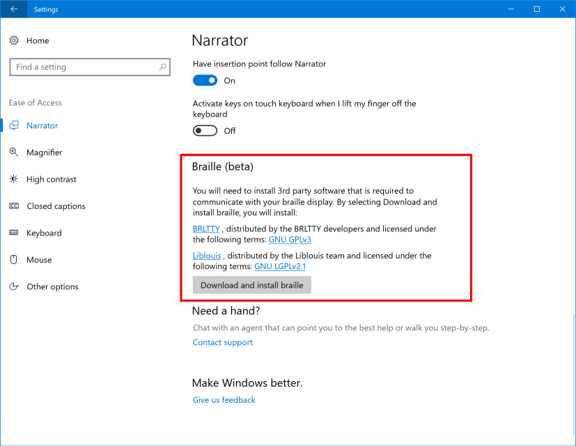 Prise en charge du braille sur Windows 10