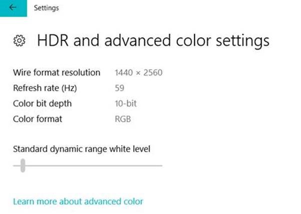 Paramètres HDR sur Windows 10 build 17040