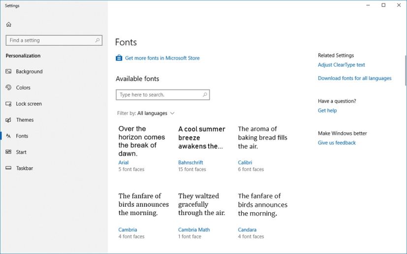 Paramètres des polices sur Windows 10 build 17083