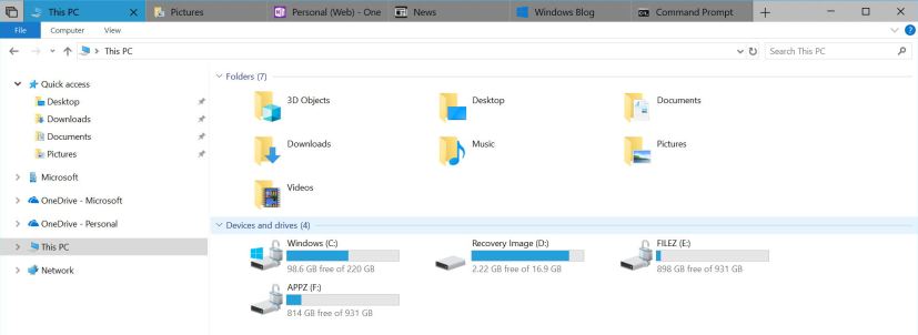 Explorateur de fichiers avec onglets sur Windows 10 version 1809