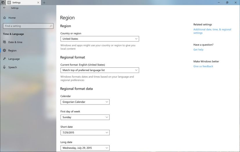 Paramètres de région sur Windows 10 build 17686