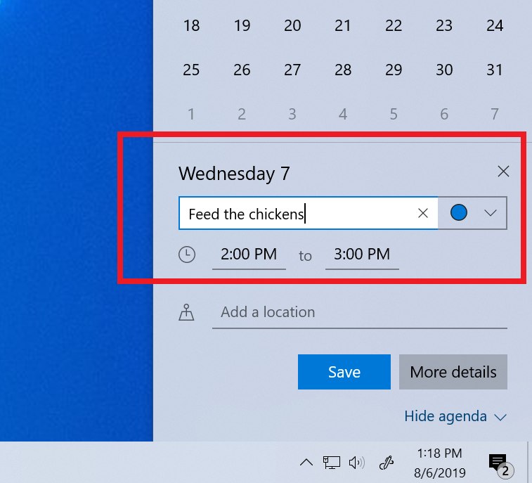 Créer des événements de calendrier à partir de la barre des tâches sous Windows 10 19H2