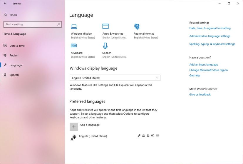 Paramètres de langue sur Windows 10 20H1