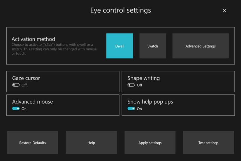 Paramètres de contrôle oculaire sur Windows 10 20H1