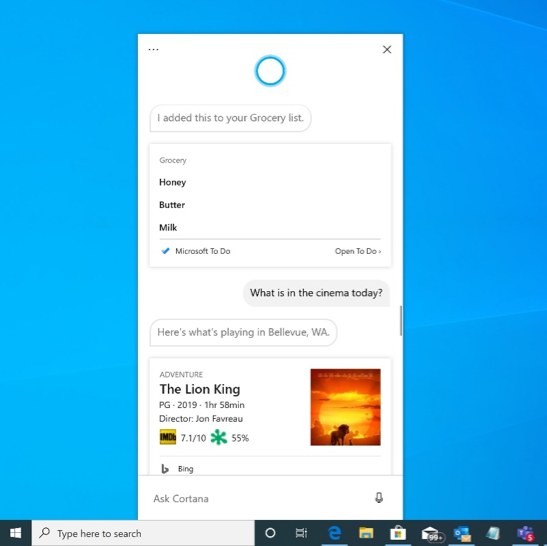 Application Cortana pour Windows 10 20H1. (Source de l'image Microsoft)