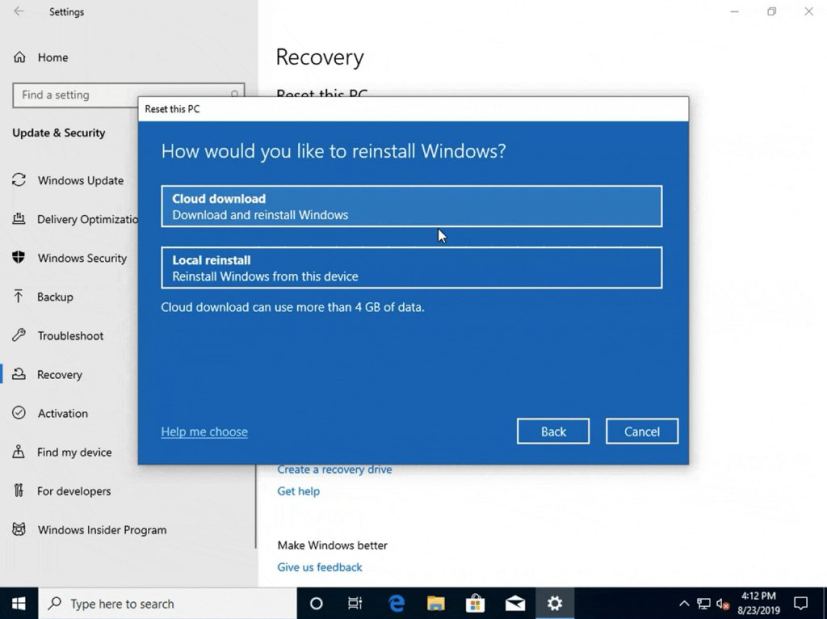 Réinitialiser ce PC avec l'option Cloud Download (source de l'image : Microsoft)