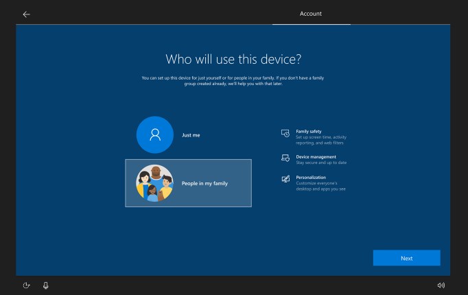 Configuration du groupe familial sur Windows 10 20H2 (source : Microsoft)