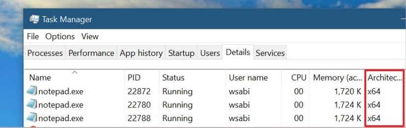 Onglet Détails du gestionnaire de tâches avec informations sur l'architecture (Source : Microsoft)