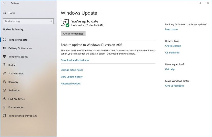 Windows Update, message de mise à jour de mai 2019 prêt à installer