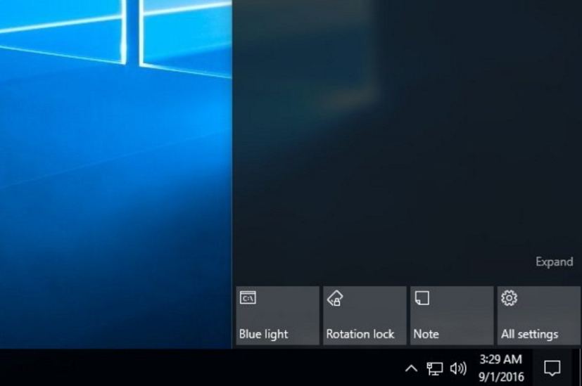 Windows 10 Redstone 2 Lumière bleue (mode nuit) Bouton d'action rapide sur le Centre d'action