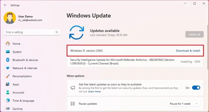 Téléchargement de la mise à jour Windows version 23H2
