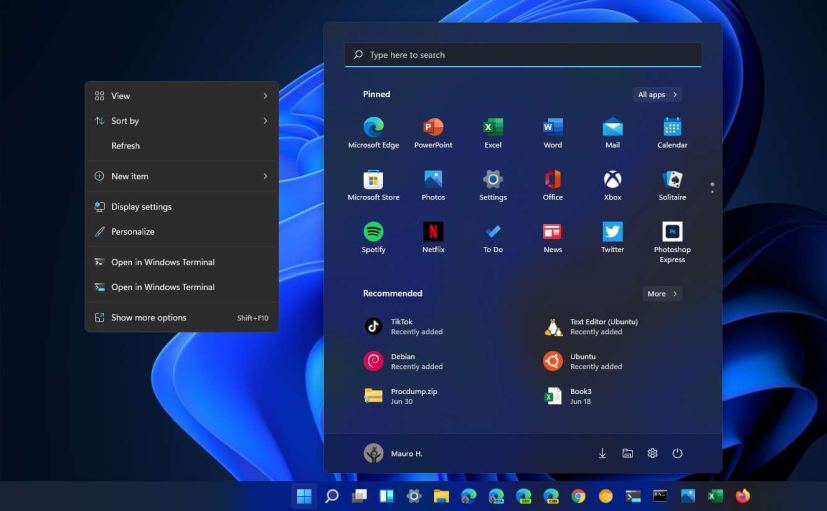 Windows 11 build 22000.65 Menu Démarrer et contextuel