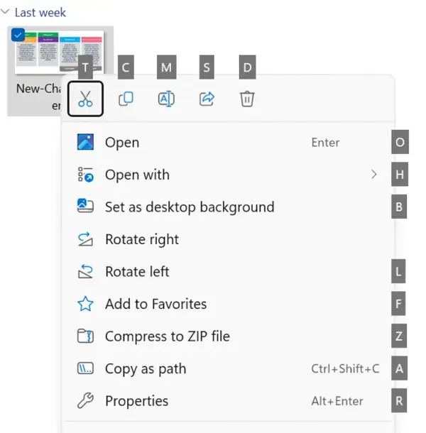 Raccourcis du menu contextuel de l'Explorateur de fichiers