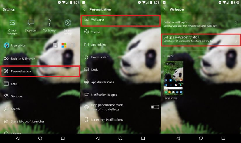 Microsoft Launcher a configuré la rotation du fond d'écran