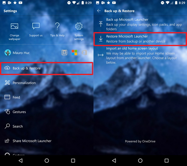 Paramètres de sauvegarde de Microsoft Launcher avec l'option de restauration