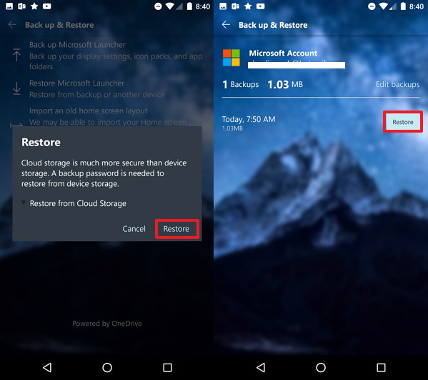 Sauvegarde de restauration de Microsoft Launcher