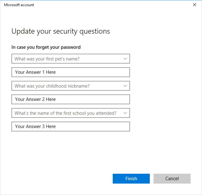 Mettre à jour les questions de sécurité du compte local Windows 10