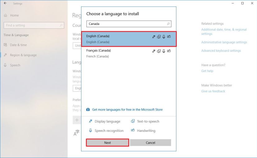 Choisissez une langue à installer sur Windows 10