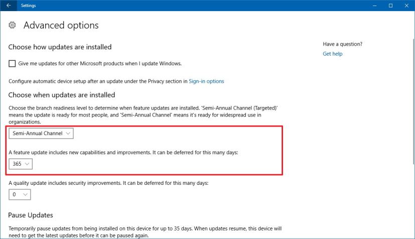 Options avancées de Windows Update pour différer la version 1803