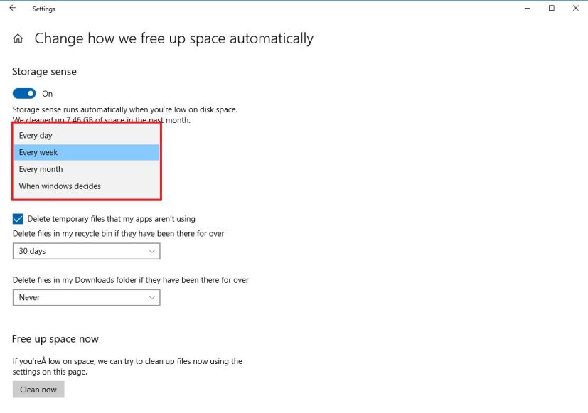 Paramètres de détection du stockage sur Windows 10