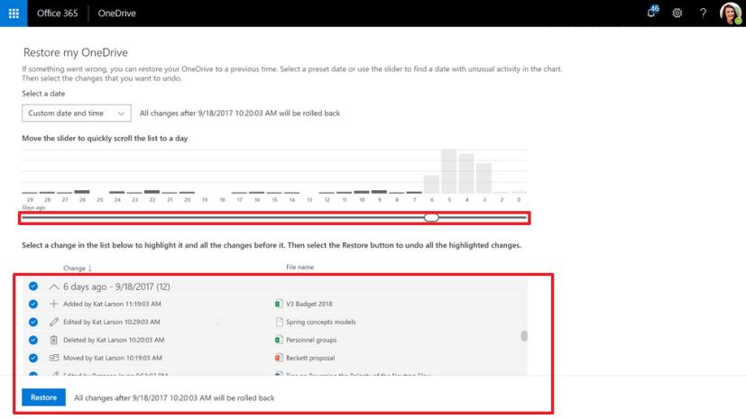 Paramètres de restauration de fichiers dans OneDrive