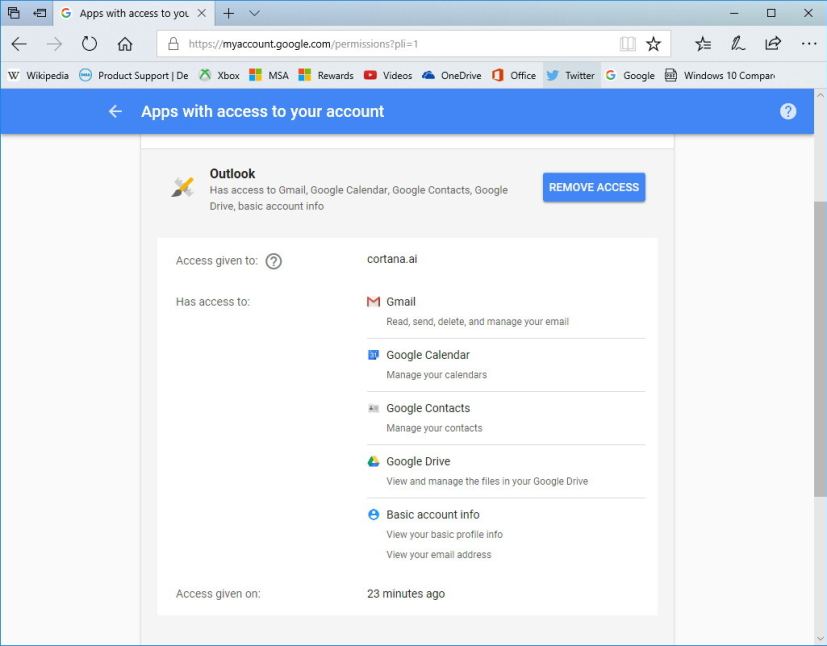 Page des autorisations Google