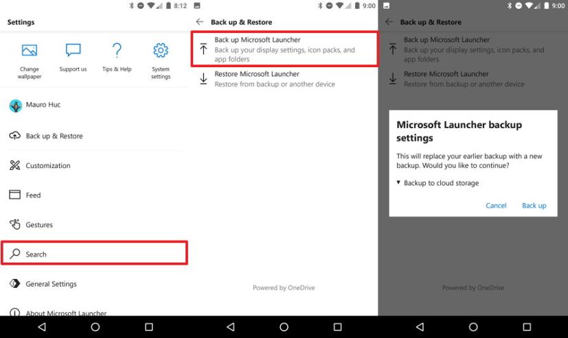 Paramètres de sauvegarde de Microsoft Launcher