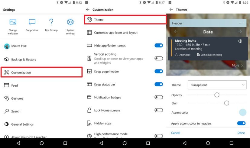 Paramètres du thème Microsoft Launcher