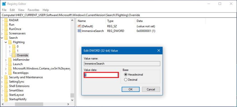 ImmersiveSearch DWORD pour activer l'expérience flottante Cortana