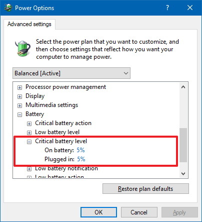 Paramètres de notification du niveau de batterie critique