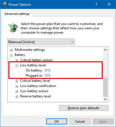 Paramètres de notification de niveau de batterie faible