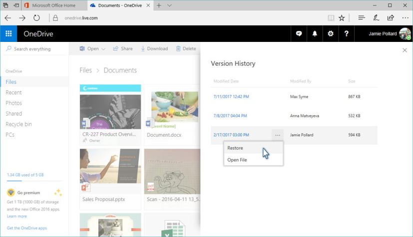 Restauration de l'historique des versions OneDrive