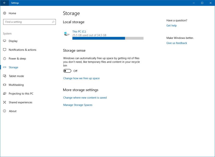 Paramètres de stockage de Windows 10