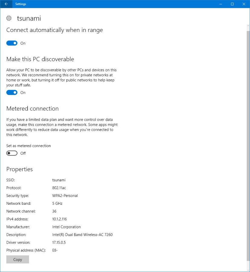 Propriétés de l'adaptateur Wi-Fi