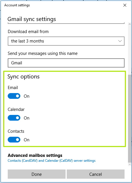 Options de synchronisation du compte de messagerie sur Windows 10