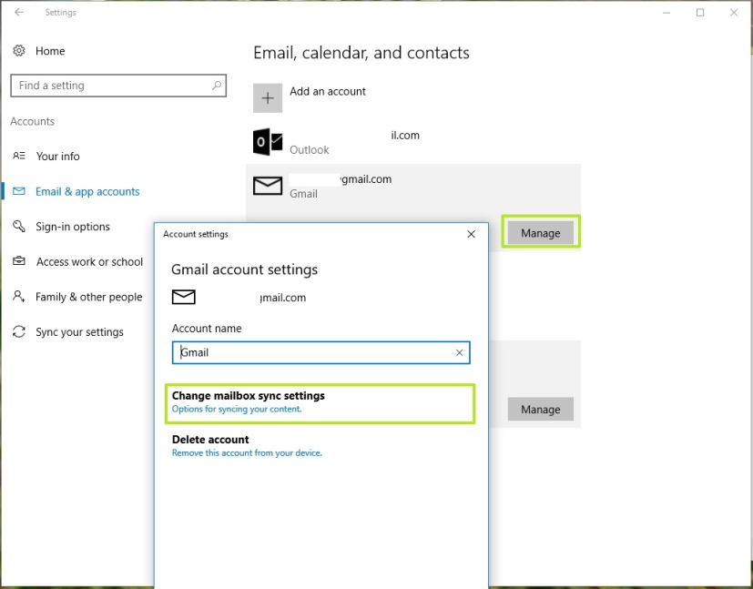 Gérer les paramètres de synchronisation de la boîte aux lettres sous Windows 10